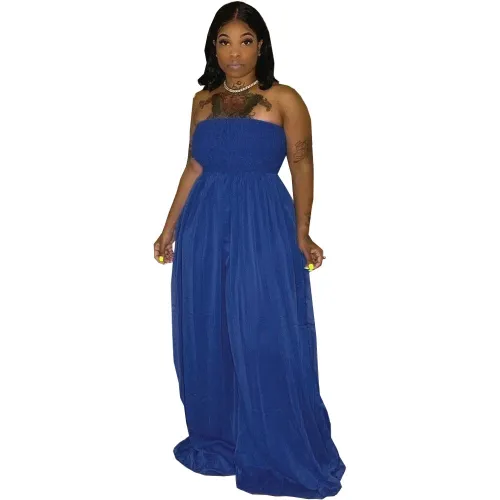 Blue Solid Shirred Strapless Wide Leg Jumpsuit