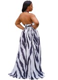 Sexy Navy and White Print Wrap Halter Neck Backless Maxi Dress