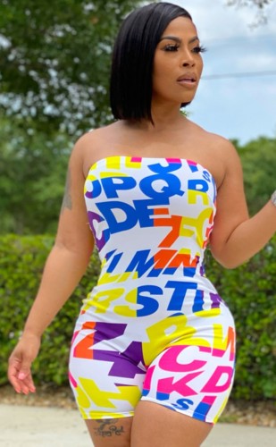 Sexy Print Letter Strapless Bodycon Rompers