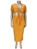 Plus Size Sexy Yellow Tie Front Crop Top and Midi Skirt Set