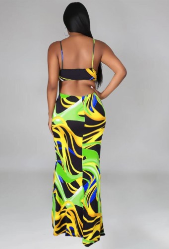 Sexy Abstract Print Cut Out Cami Maxi Dress