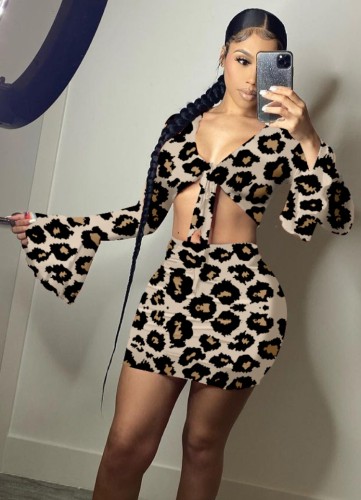 Leopard Long Sleeve Tie Front Crop Top and Mini Skirt Set
