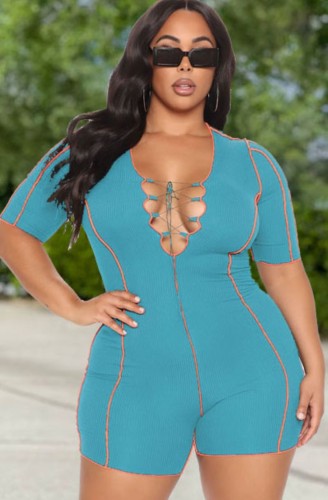 Plus Size Blue Sexy Lace-Up Short Sleeve Bodycon Rompers