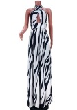 Sexy Navy and White Print Wrap Halter Neck Backless Maxi Dress