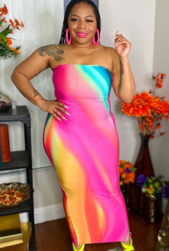 Plus Size Sexy Rainbow Print Strapless Pencil Dress