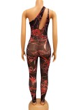 Print Sexy One Shoulder Cut Out Bodycon Jumpsuit