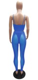 Blue See Through Mesh Patchwork Sexy Bodysuit and Pants 2PCS