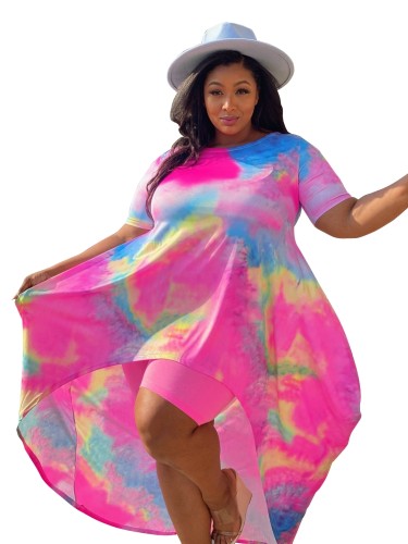 Plus Size Tie Dye High Low Short Sleeve Top and Shorts 2PCS Set