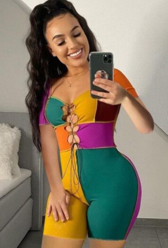 Sexy Lace Up Colorblock Short Sleeve Bodycon Rompers