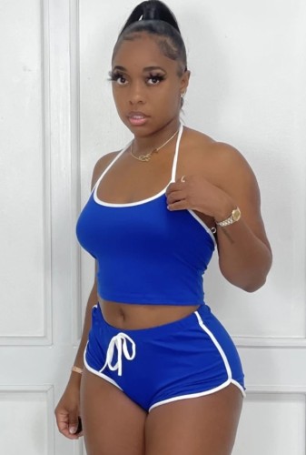 Blue Halter Top and Shorts Two Pieces Sports Suit