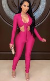 Sexy Rose Long Sleeve Tie Crop Top and High Waist Stack Pants Set