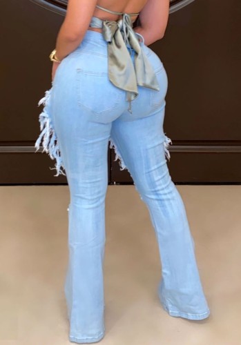 Blue Ripped Big Holes High Waist Jeans