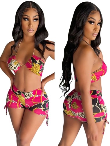 Print Sexy Halter Bra Top and Drawstring Shorts Set