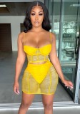 Yellow Transparent Mesh Splicing Ruched Cami Top and Mini Skirt Set