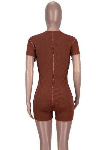Plus Size Brown Sexy Lace-Up Short Sleeve Bodycon Rompers
