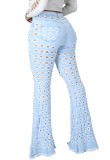 Blue Hollow Out High Waist Flare Jeans