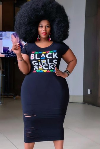 Plus Size Print Black Ripped Bodycon T-Shirt Dress