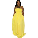 Yellow Shirred Strapless Wide Leg Jumpsuit