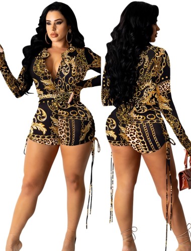 Trendy Print Retro Sexy Long Sleeve Fitted Rompers