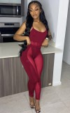 Burgundy See Through Mesh Patchwork Sexy Bodysuit and Pants 2PCS