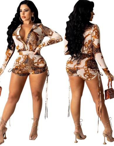 Trendy Print Retro Sexy Long Sleeve Fitted Rompers