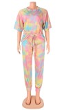 Tie Dye Sexy Short Sleeve Top and Pants Casual Two Pieces