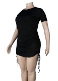 Sexy Plus Size Black Drawstring T-Shirt Mini Dress