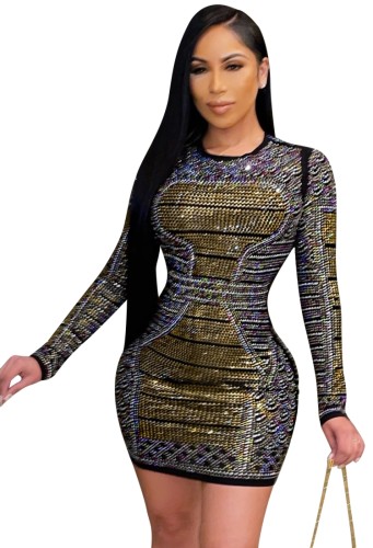 Black Rhinestone Long Sleeve Mini Bodycon Dress