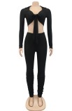 Sexy Black Long Sleeve Tie Crop Top and High Waist Stack Pants Set