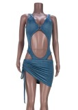 Blue Sexy Cutout Velvet Bodysuit and Ruched Mini Skirt Set
