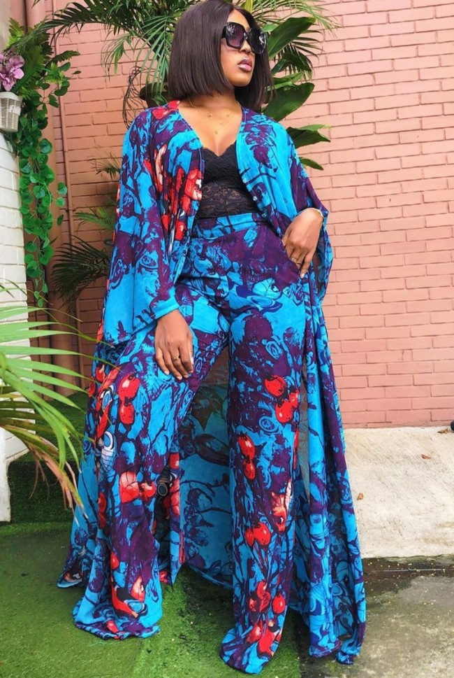 Plus Size African Print Long Gown and Pants 2pcs Set