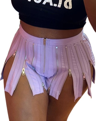 Purple High Waisted Sexy Zipperd Slit Shorts