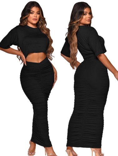 Sexy Black Short Sleeve Crop Top and Ruched Long Skirt Set
