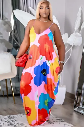 Plus Size Sexy Floral Cami Loose Maxi Dress