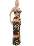 Sexy Abstract Print Cut Out Cami Maxi Dress