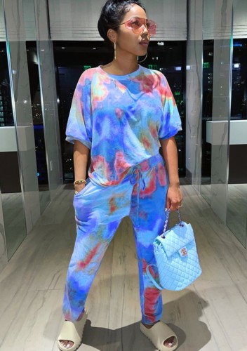 Tie Dye Sexy Short Sleeve Top and Pants Casual Two Pieces