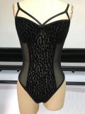 Black Sexy Mesh Panel Leopard Cami Bodysuit