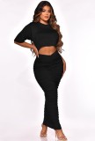 Sexy Black Short Sleeve Crop Top and Ruched Long Skirt Set