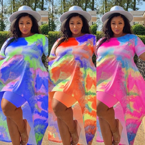 Plus Size Tie Dye High Low Short Sleeve Top and Shorts 2PCS Set