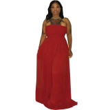 Coral Shirred Strapless Wide Leg Jumpsuit