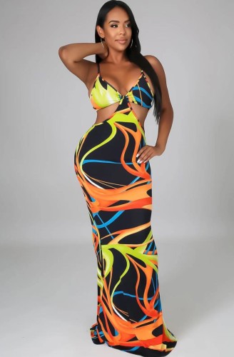 Sexy Abstract Print Cut Out Cami Maxi Dress