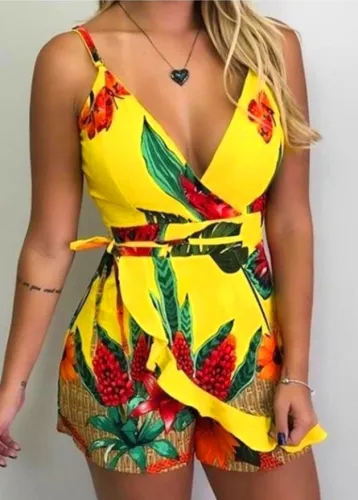 Floral Cami Wrap Tie Waist Rompers