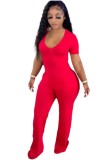Sexy Red V-Neck Short Sleeve Wide Leg Jumpsuit