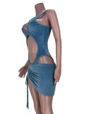 Blue Sexy Cutout Velvet Bodysuit and Ruched Mini Skirt Set