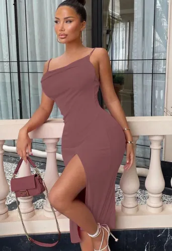 Sexy Solid Cami Fitted Slit Midi Dress