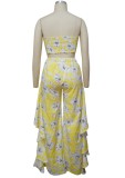 Yellow Floral Bandeau Top and Ruffle Pants 2PCS Set