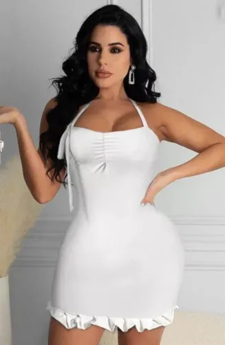White Sexy Halter Frilled Bodycon Dress