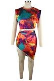 Print Multicolor Crop Top and Ruched Asymetric Mini Skirt Set