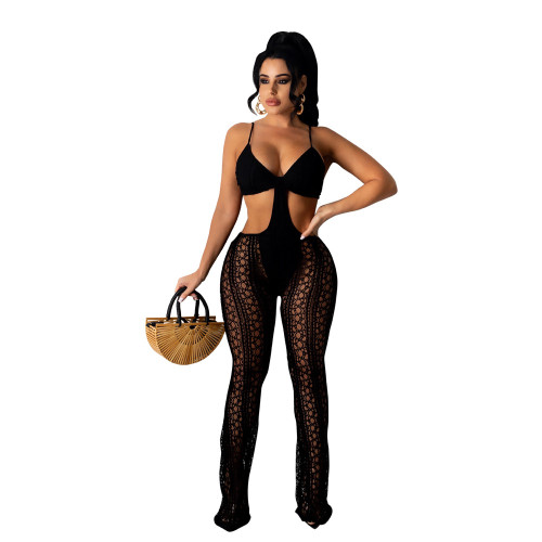 Black Sexy Hollow-Out Lace Strap Flare Jumpsuits