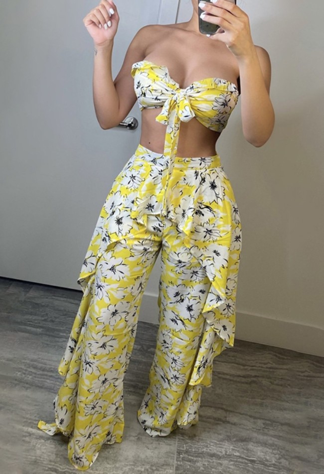 Yellow Floral Bandeau Top and Ruffle Pants 2PCS Set